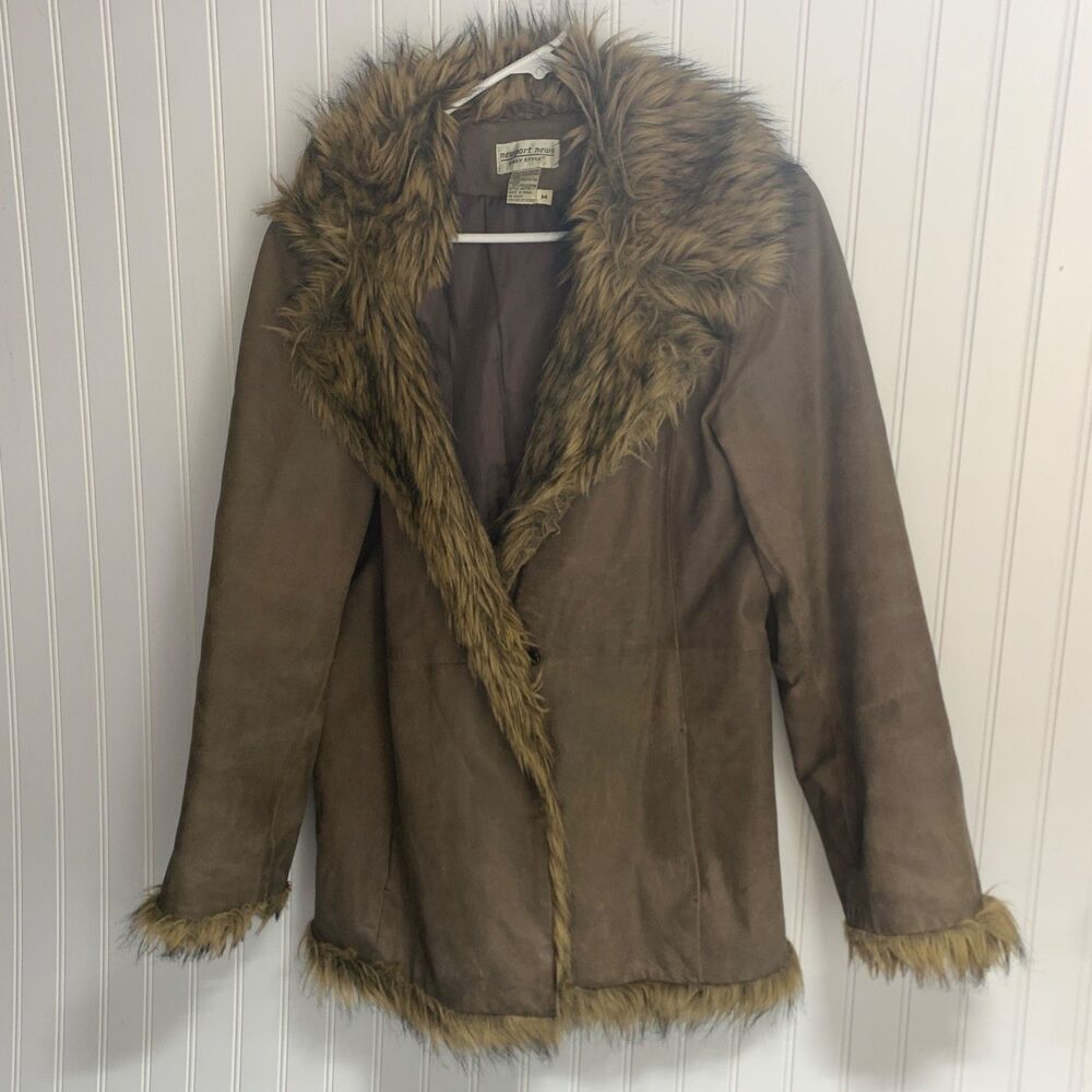 Vintage Newport News Leather Coat Womens M Brown Faux Fur Trim Y2K Boho - Picture 2 of 14